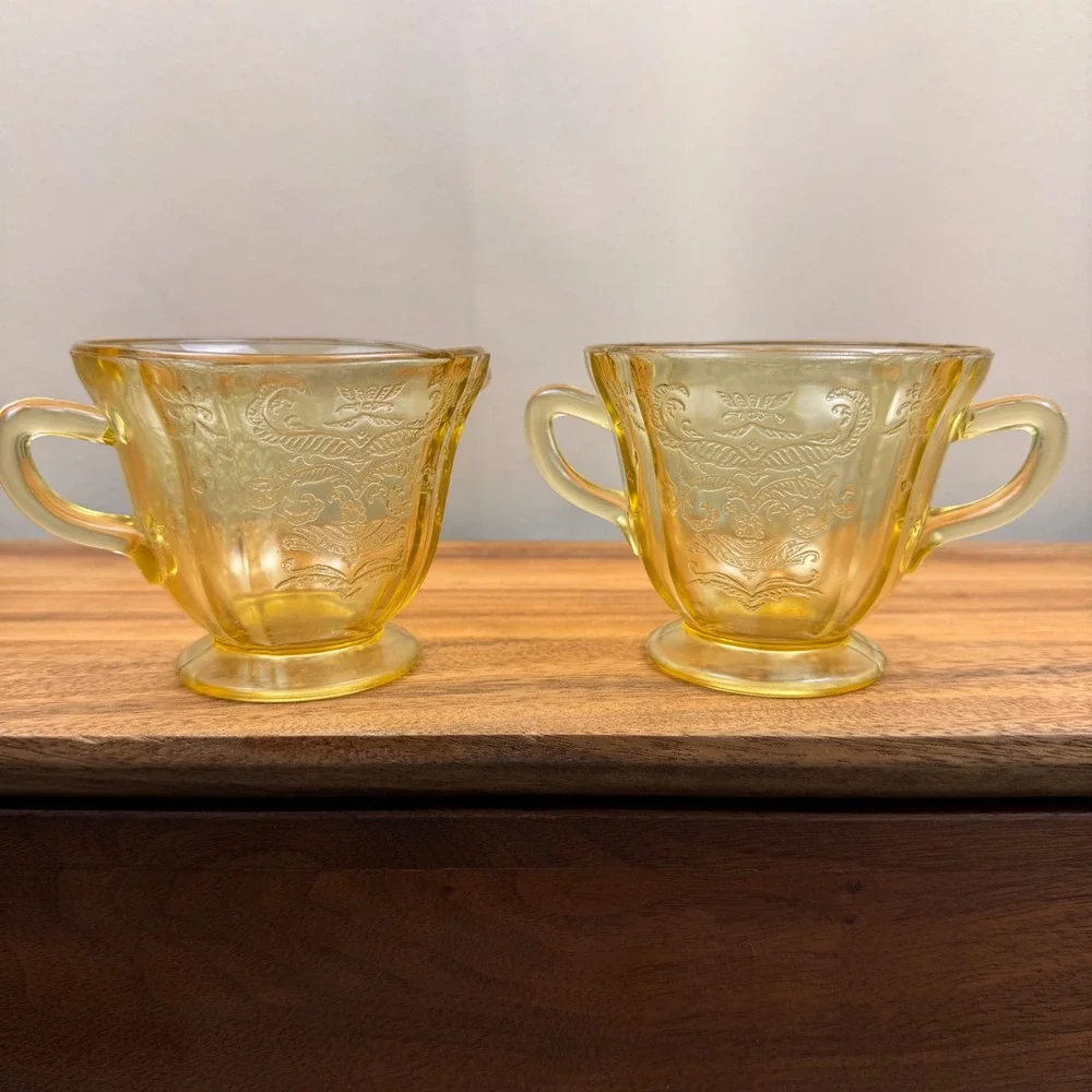 Federal Glass Madrid‎ Amber Yellow Depression Glass Creamer and Sugar Bowl Set